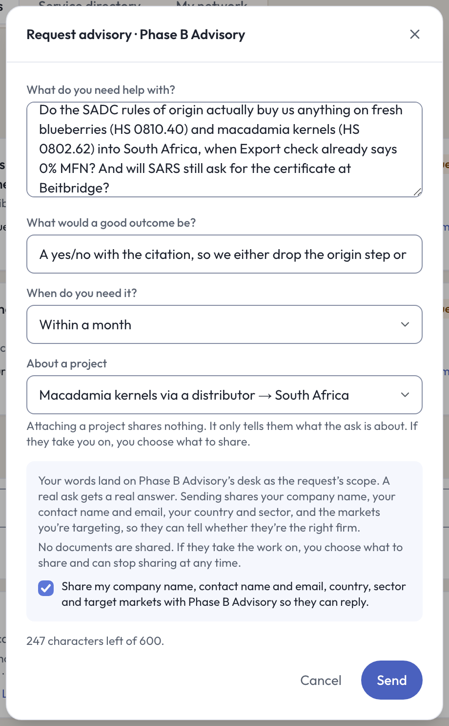 The advisory request sheet: what you need help with, what a good outcome is, when you need it, which project it is about, a tick naming exactly what is shared, and a character countdown
