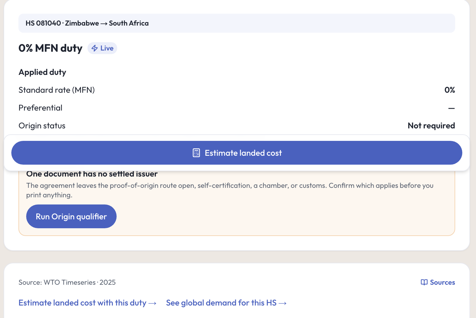 Export check for HS 081040, Zimbabwe to South Africa: 0 percent standard duty, marked Live, with the origin status and a button to estimate landed cost
