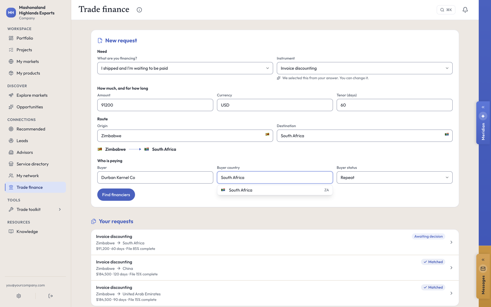 A financing request: the situation question, the instrument chosen from it, amount and tenor, the Zimbabwe to South Africa route, and the buyer with a repeat or new status