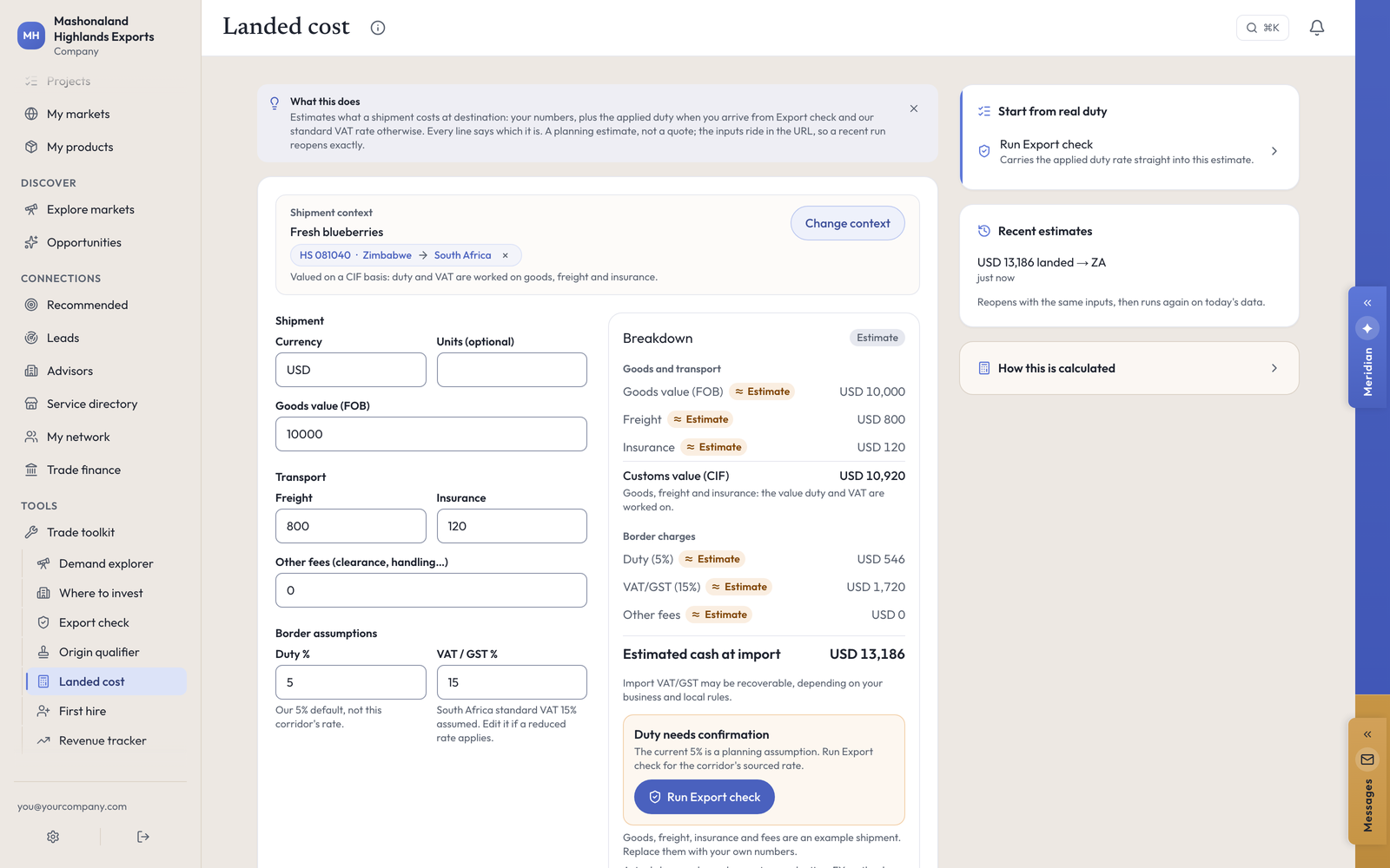 Landed cost: inputs on the left, a breakdown on the right with every line marked Estimate, and a card saying the 5 percent duty is a planning assumption until Export check replaces it
