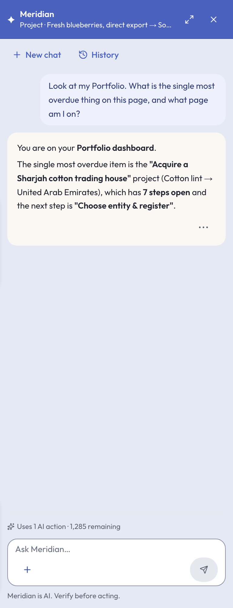 The Meridian dock open beside a project: a context line naming the project, an answer citing real step names, the price of one AI action with the remaining allowance, and the verify-before-acting line