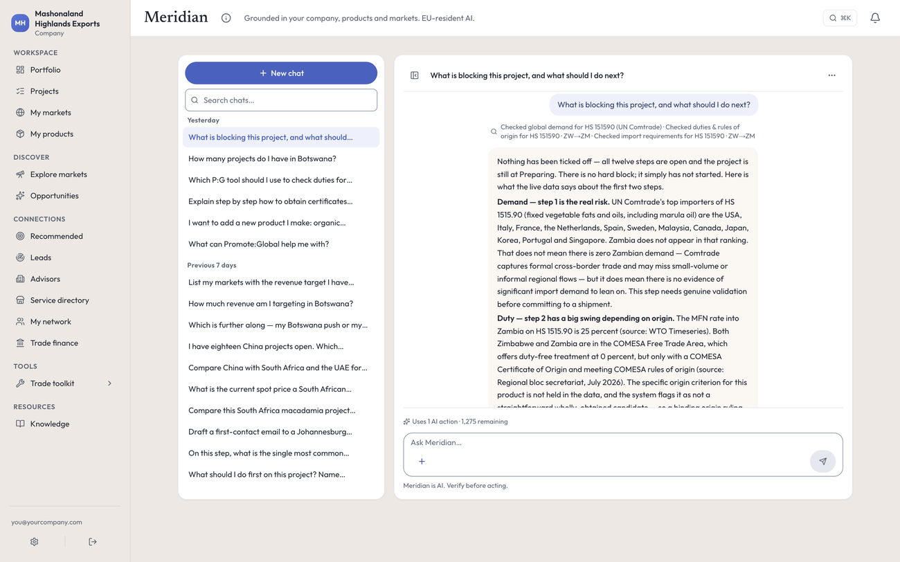 The Meridian workspace: saved conversations down the left, an answer in the middle weighing a project's first two steps against UN Comtrade demand and a sourced duty rate, and the allowance line above the composer