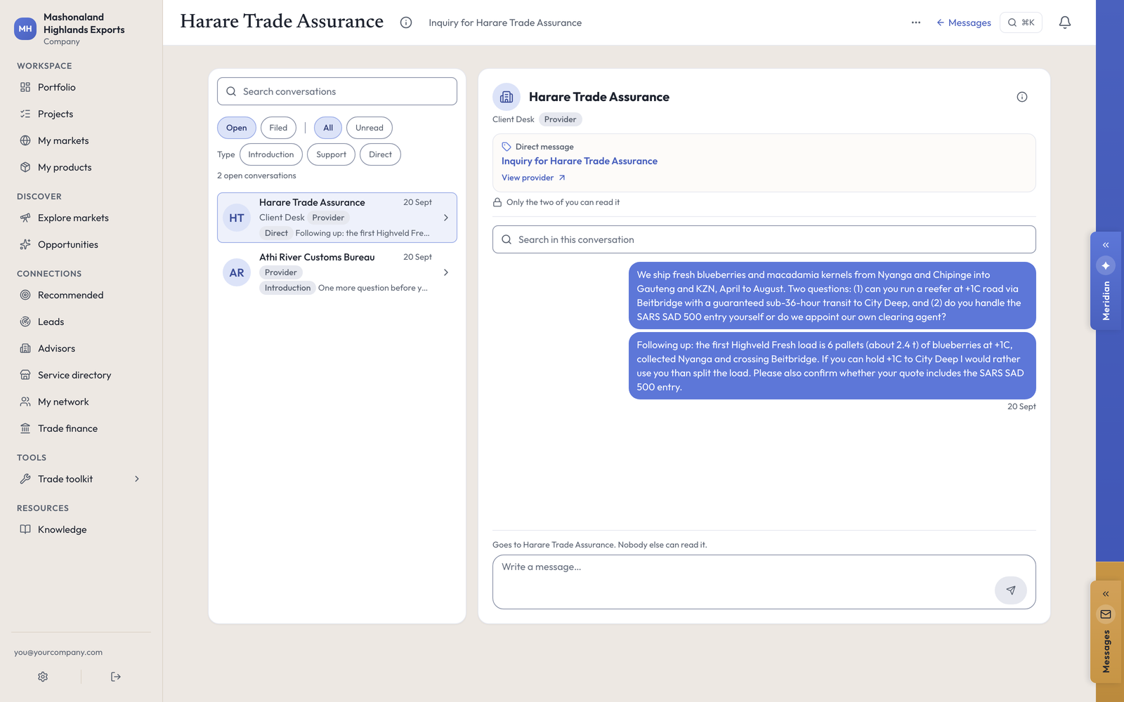 Messages: two open conversations on the left with type filters, and an open thread on the right saying only the two of you can read it