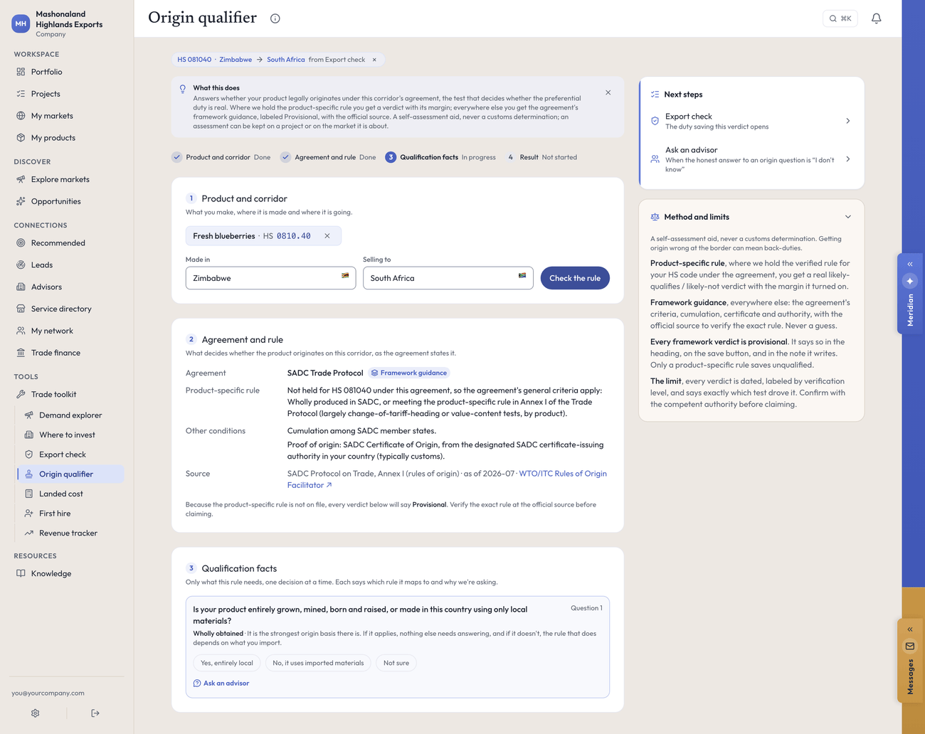 Origin qualifier for HS 081040 Zimbabwe to South Africa: the governing agreement named, a note that only framework guidance is held for this code, and the first guided question