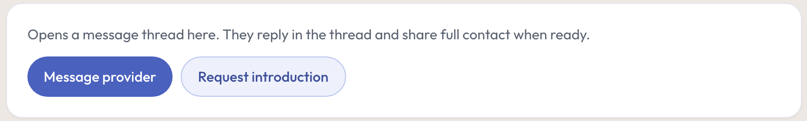 The etiquette line on a firm's page: opening a message thread, with the firm replying and sharing full contact when it is ready, beside Message provider and Request introduction buttons