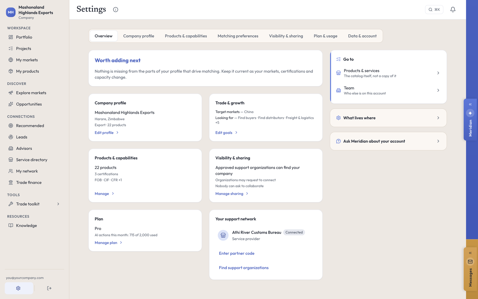 Settings, with a Plan card reading Pro and 715 of 2,000 AI actions used this month, beside cards for the profile, products and sharing