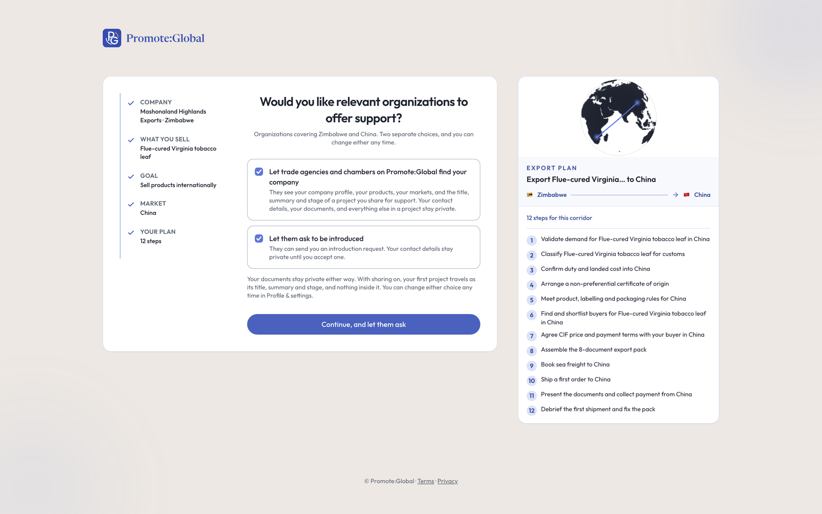 The sharing step of sign-up: two checkboxes, one for being found and one for being asked, with the twelve-step China plan listed beside them