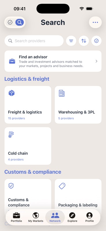 The provider directory on iPhone, browsed by category with live counts