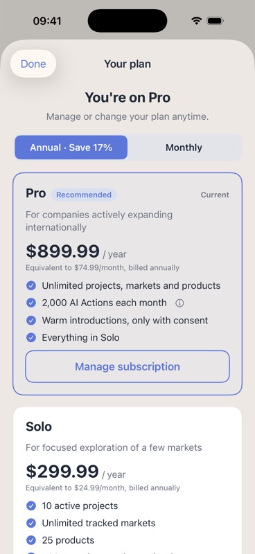 The plan screen on iPhone, showing the App Store paywall