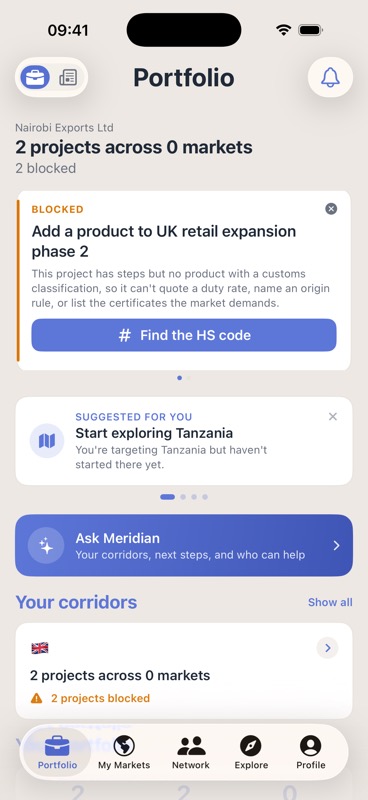 The Portfolio tab on iPhone, leading with a blocked-project card