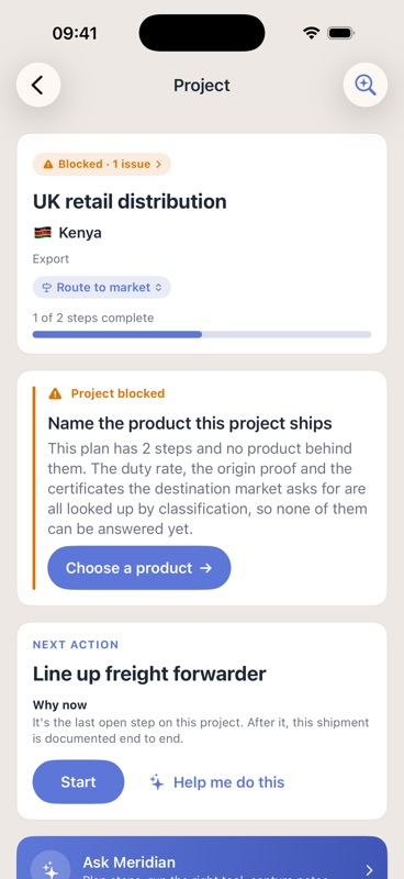 A project page on iPhone, reading Blocked with a card naming the fix