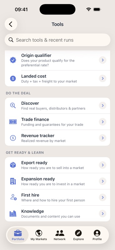 The Tools tab on iPhone, grouped into Plan your market, Do the deal, and Get ready & learn