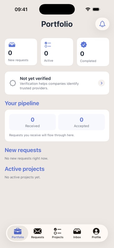 The Portfolio home screen of the provider console on iPhone