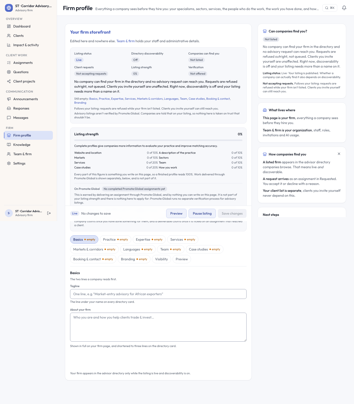 A firm profile editor on the web console, with its listing-strength score