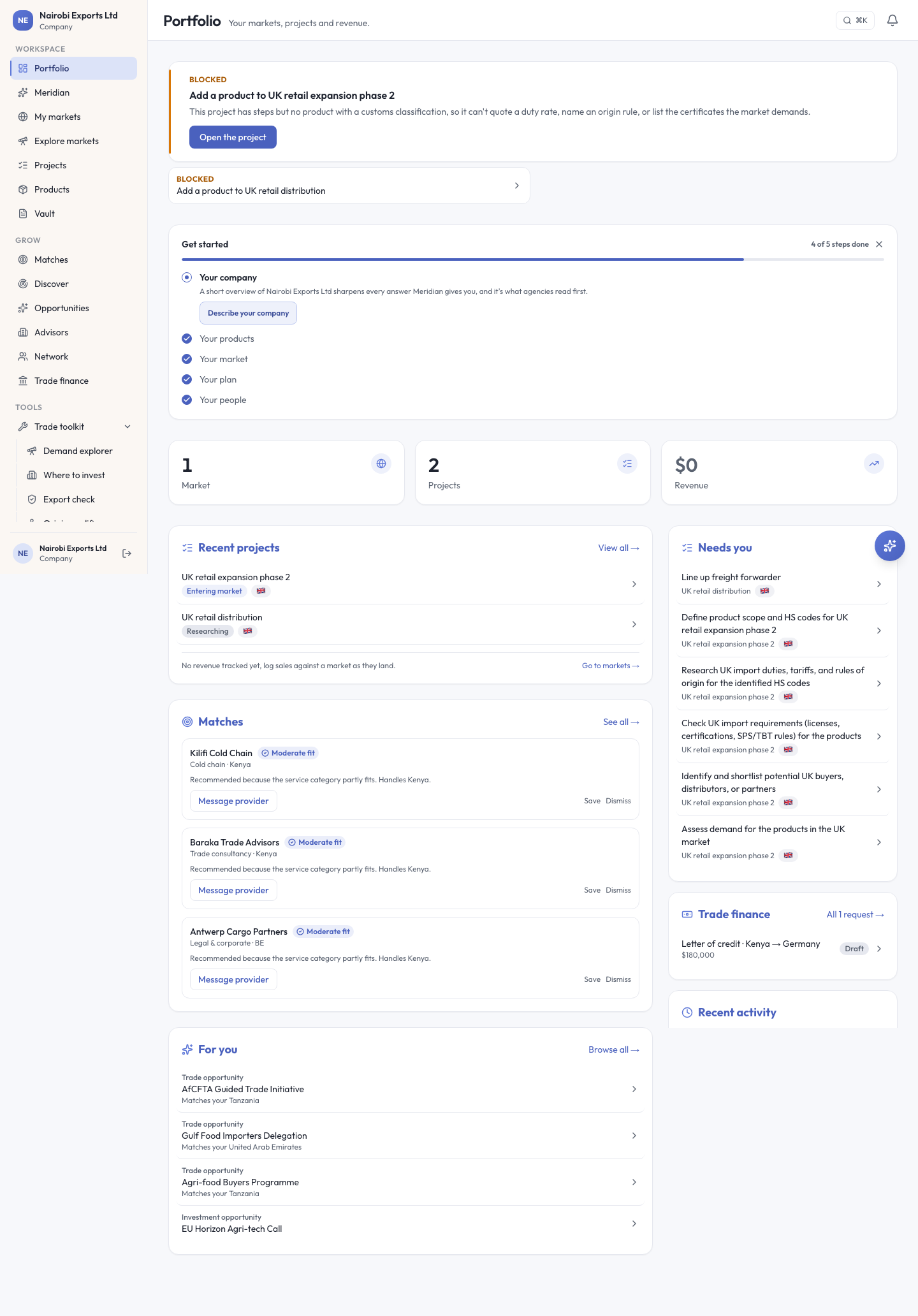 The same Portfolio on the web console, laid out as stat tiles and columns
