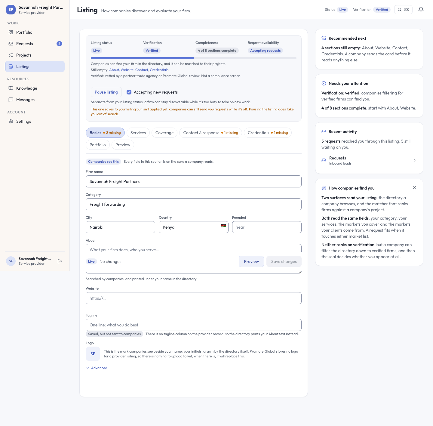The same listing editor on the web console, organized into tabbed sections
